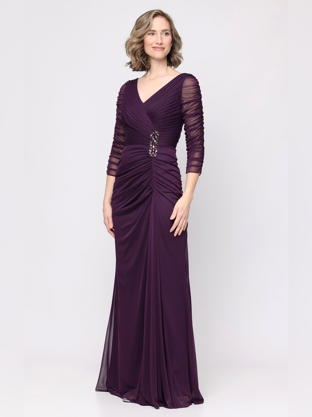 Adrianna Papell MESH GOWN Three-Quarter Sleeve Floor-Length Evening Gown Sz 8